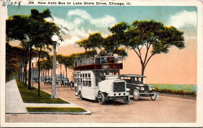 VINTAGE Postcard - Chicago IL New Auto Bus on Lake Shore Drive - POSTED