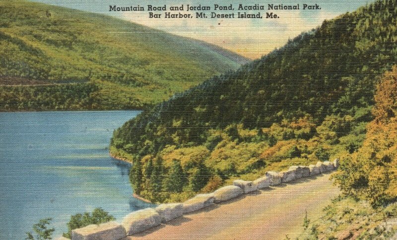 Vintage Postcard Mountain Road & Jordon Pond Bar Harbor Mt. Desert Island Maine