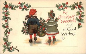 Ethel DeWees Nister Christmas Children Gather Holly c1910 Vintage Postcard