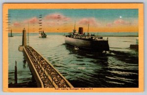 Boats Leaving Muskegon Michigan, Vintage 1954 Dexter Linen Postcard