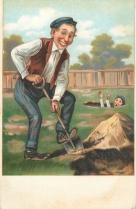 Digging holes man caricature vintage German humor comic postcard