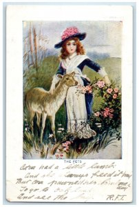 c1910's Pretty Girl Deer The Pets Flowers Oakland California CA Antique Postcard