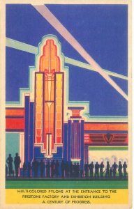 1933 Chicago Expo Firestone Multi-Colored Pylons Donnelley Deeptone Postcard