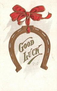 Vintage Postcard 1907 Good Luck Greetings Card Red Ribbon & Golden Horseshoe