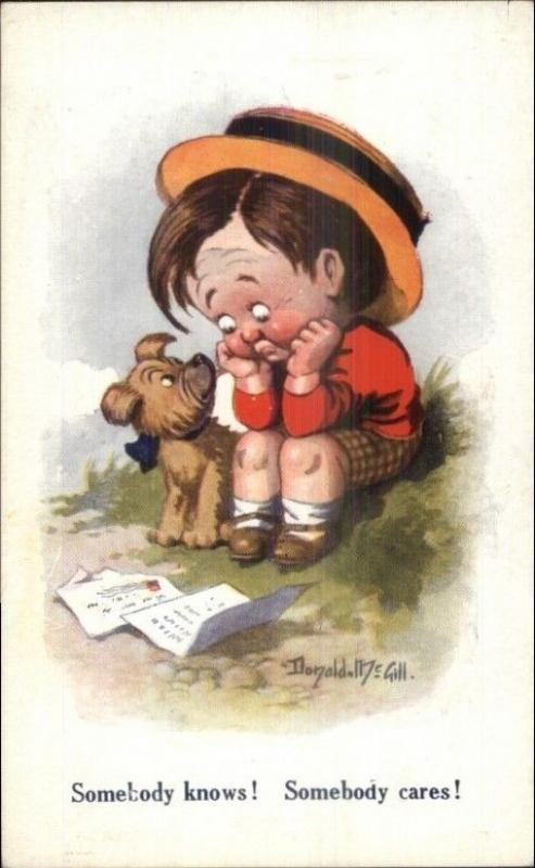 Donald McGill Little Boy Gets Letter SOMEBODY CARES! c1920 Postcard