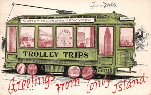 Coney Island New York Trolley Illustration, Greetings From Coney Island PC U7324