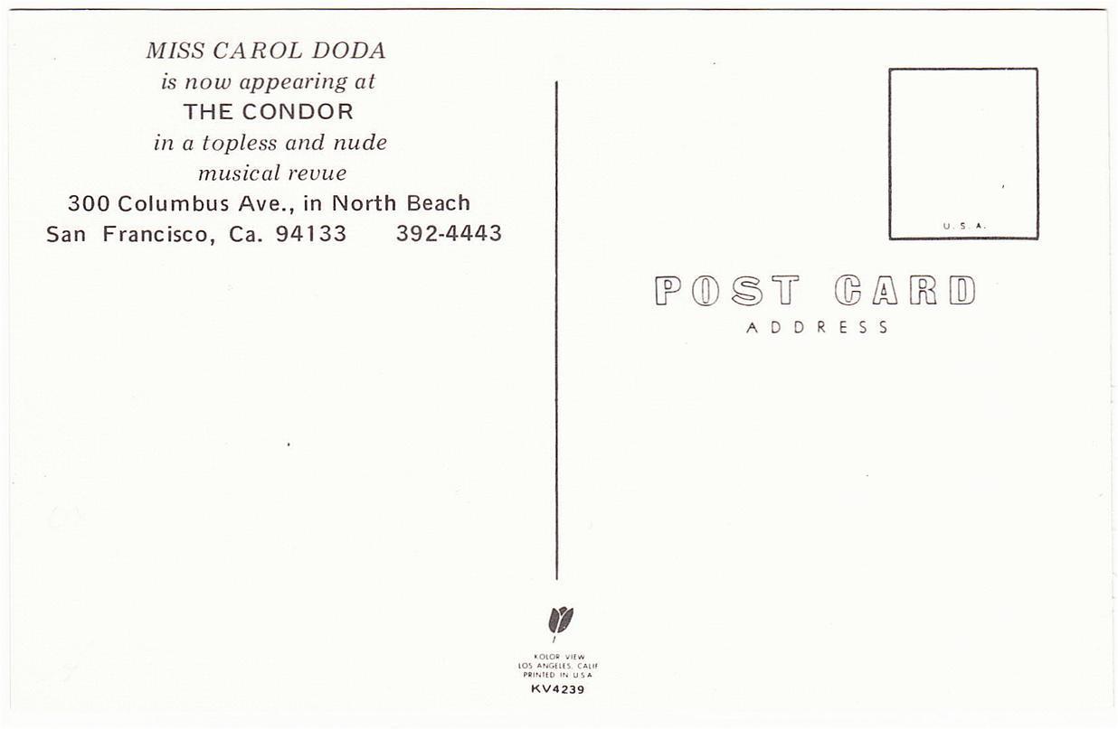 San Francisco CA Condor Club Carol Doda Topless Nude Postcard 1960s 