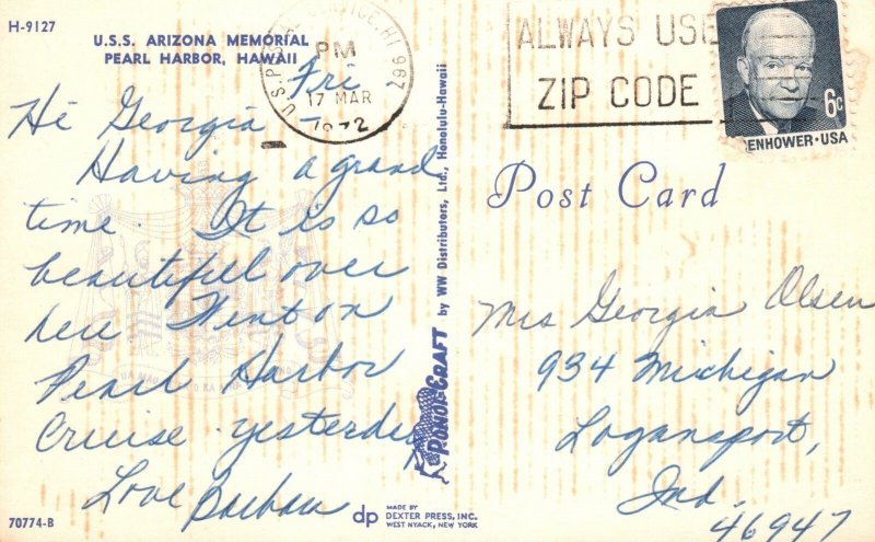 Vintage Postcard 1972 U. S. S. Arizona Memorial Pearl Harbor Hawaii Dexter Press
