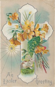 EASTER, PU-1910; Greeting, White Cross, Yellow Flowers, White Rabbit