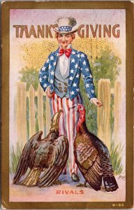 P.R. Artwork Thanksgiving Postcard Uncle Sam with Turkey and Bald Eagle, Rivals