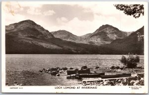 Inversnaid Scotland UK, Loch Lomond with Boats on Rocky Shoreline, RPPC Postcard
