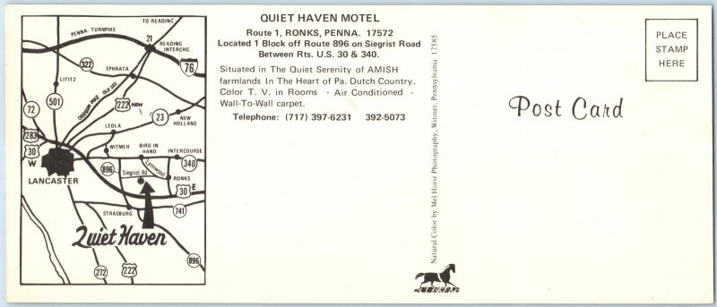 c1970s Ronks, Penna Quiet Haven Motel Amish Country Map Oversized Postcard PA 3S