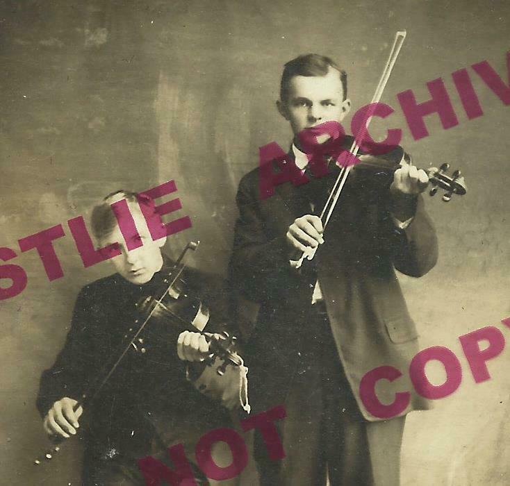 RPPC c1910 2 BOYS playing VIOLINS Violin STUDIO SHOT Fiddling FIDDLE fiddles