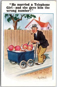 Man Pushes Babies In Cart Married To A Telephone Girl Postcard