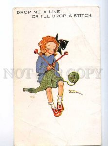 235045 COMIC Girl KNITTING by Phyllis COOPER vintage PC