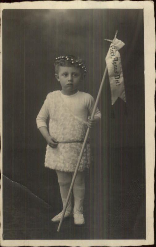 Little Boy in Costume Religious Easter? Latin ECCE AGNUS DEI Real Photo Postcard