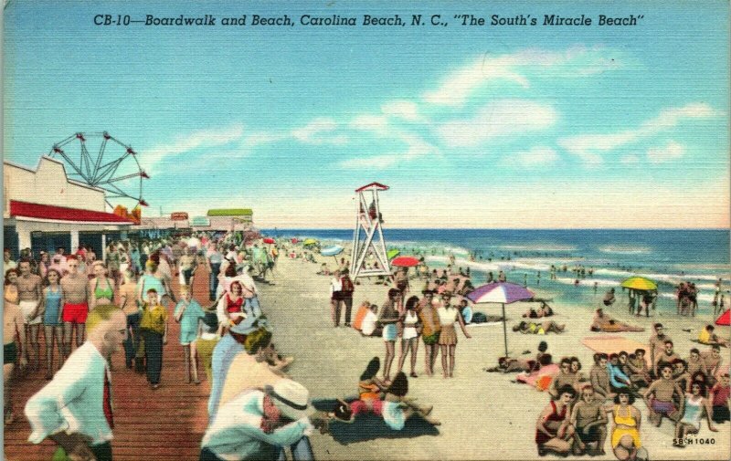 Vtg Linen Postcard Carolina Beach North Carolina NC Boardwalk and beach UNP