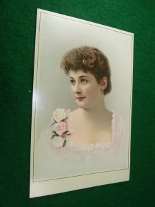 Victorian Trade Card Beautiful Woman Fancy Pink Dress Pink & White Roses