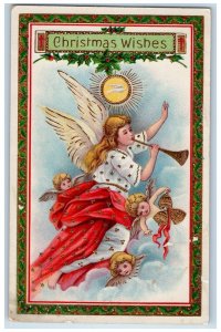 1914 Christmas Wishes Floating Angels Cherubs Flute Gel Gold Gilt Postcard 