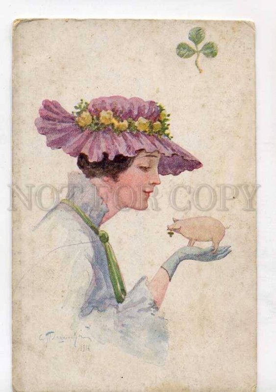 415937 RUSSIA PLOSHINSKY Lady w/ PIG Vintage Salon #556 PC