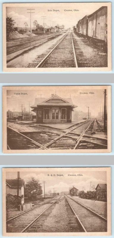 3 Postcards CRESTON, OH Ohio ERIE DEPOT, UNION DEPOT, B & O DEPOT Train Stations 