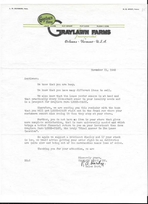 1945 Sales Letter Louse Chase Graylawn Farms Orleans VT 