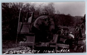 1960 Stone City Iowa Wreck Railroad Train Depot Station RPPC Photo Postcard