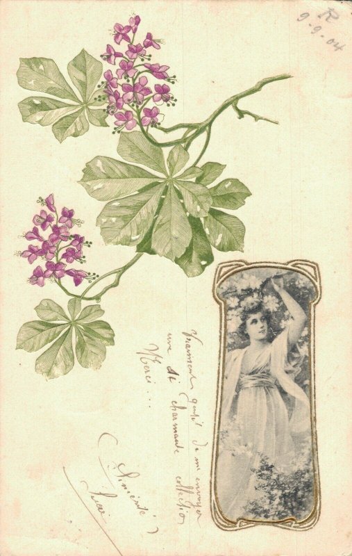 Art Nouveau Lady Embossed Vintage Postcard 08.08