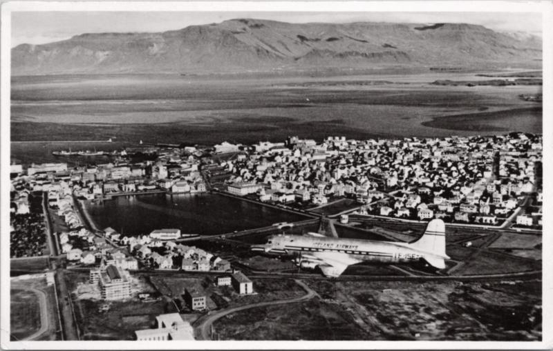 Iceland Airways Plane Reykjavik Iceland Aerial Mount Esja RPPC Postcard E15