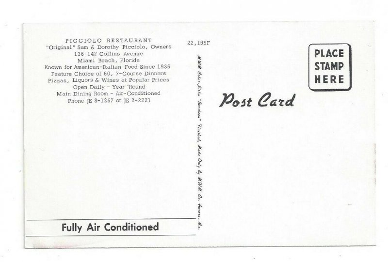 Postcard Picciolo Restaurant Miami Beach Florida Standard Multi View Card