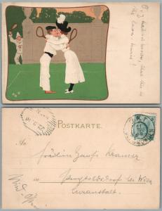 ARTIST SIGNED B.WENNERBERG ANTIQUE AUSTRIAN POSTCARD STAMP TENNIS KISS ART DECO