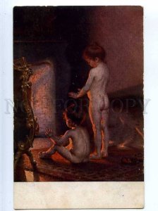 226665 NUDE Young Girls near Fire by PAUL PEEL Vintage PC