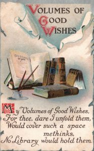 Vintage Postcard 1910's Volumes of Good Wishes Books Ink Writing Librars