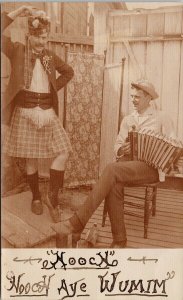 Two Men Kilt Accordion Dancing 'Hooch Aye Wumin' Scottish ? RPPC Postcard G30