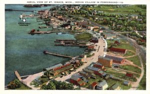 Vintage Postcard Aerial View Saint Ignace Michigan Indian Village In Foreground