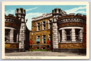 Entrance To The Royal Canadian Mint Ottawa Canada Guards at Gate Postcard
