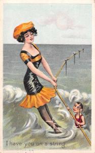 Bathing Beauty Greetings Small Man with Monocle Antique Postcard J66637