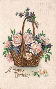 Vintage Postcard 1908 A Happy Birthday Basket of Flowers Roses Greetings Wishes