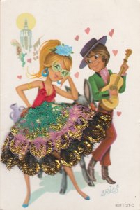 SPANISH DANCER & GUITARIST (Fabric Dress) - Vintage POSTCARD