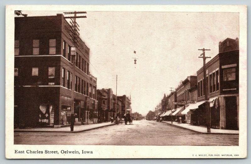 Oelwein Iowa~Hotrse & Tall Wagon on E Charles St~Millinery~Hanging Light~c1914 