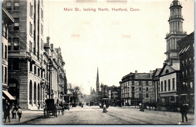 1910s Main Street Looking North Hartford CT Trolleys Connecticut Postcard