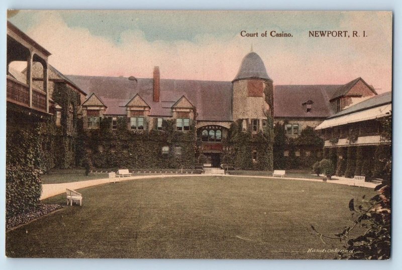 c1910 Court Of Casino Building Tower Lawn Benches Newport Rhode Island Postcard