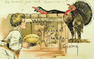 C.1910 German Embossed Thanksgiving Postcard Boy Football Turkeys F31 