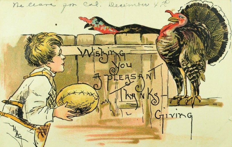 C.1910 German Embossed Thanksgiving Postcard Boy Football Turkeys F31 