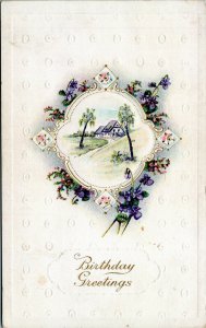 Birthday Greetings postcard - Samson Brothers - violets house scene,embossed