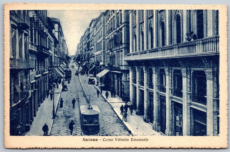 Vtg Ancona Italy Corso Vittorio Emanuele Street View Trolley 1910s Postcard