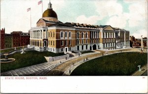 State House Boston Massachusetts MA Flags People Statues Fountain Postcard UNP 