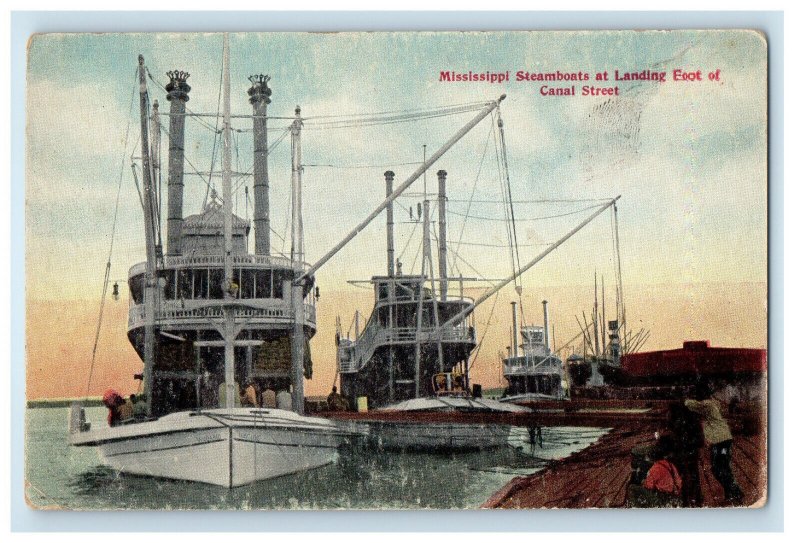 1911 Mississippi Steamboats at Landing, Canal Street Posted Antique Postcard 