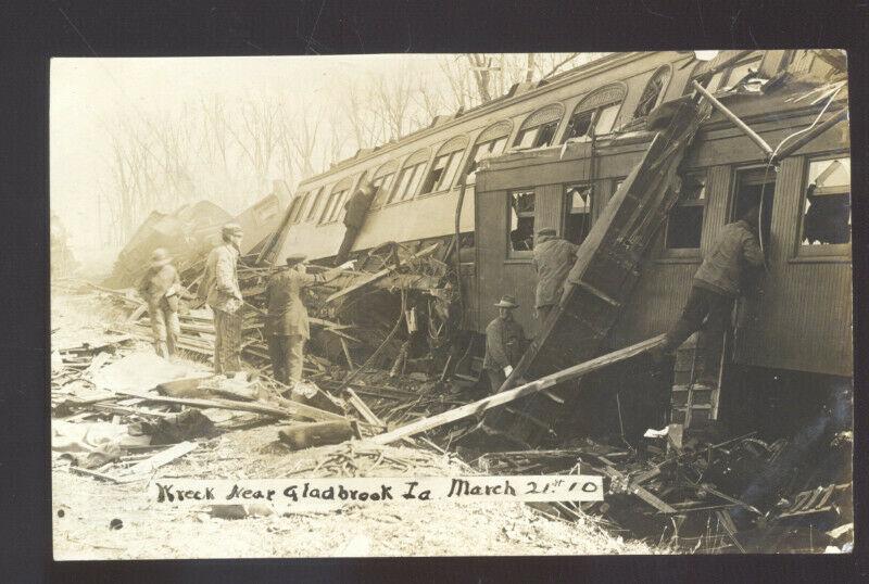 RPPC GLADBROOK IOWA MARCH 21 1910 TRAIN WRECK RAILROAD REAL PHOTO POSTCARD