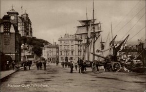 Folkestone Kent Harbour Quay Street Scene Real Photo Vintage Postcard